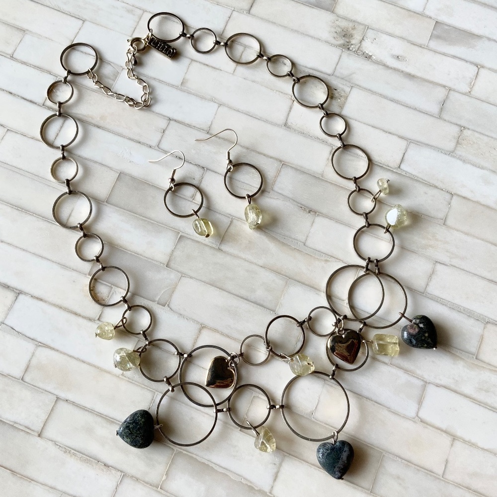 Vintage Silver Tone Hoops and Heart Stones Layered Necklace and Earrings